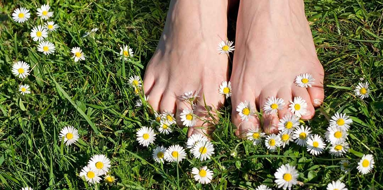 Pés pisam em grama com flores