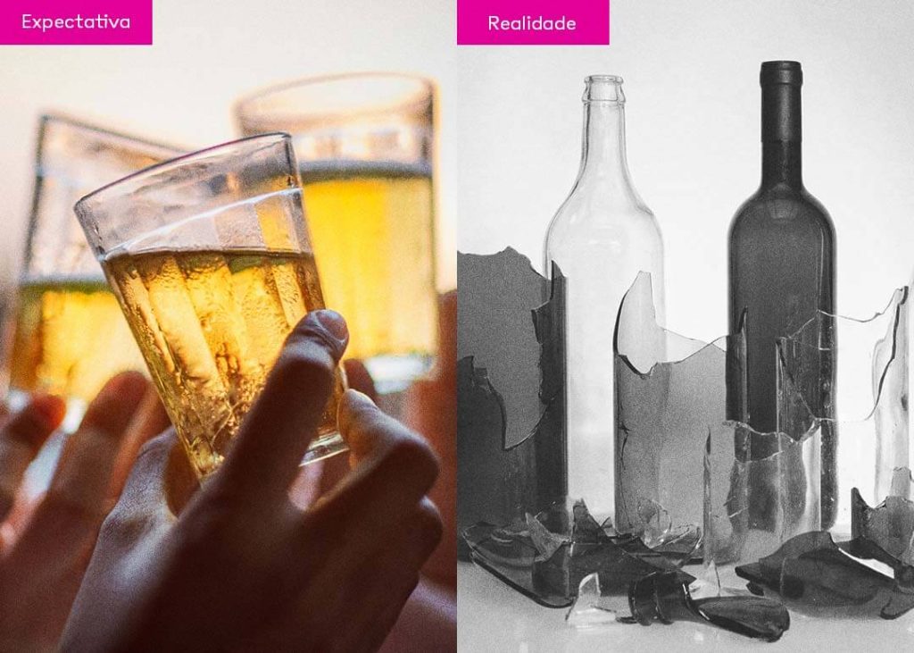 Imagem dividida em duas. No topo esquerdo está escrito expectativa sobre uma foto de uma mão segurando um copo de cerveja. No topo direito, está escrito realidade sobre uma foto em preto e branco de garrafas quebradas.